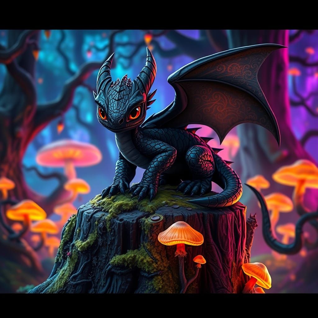 Fantastical Black Dragon in Vibrant, Neon-Lit Forest