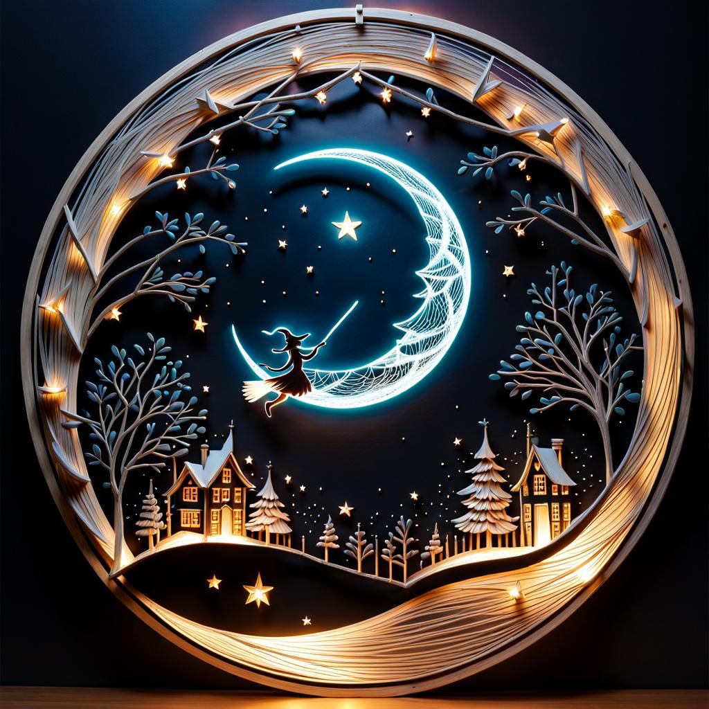 Flying Witch Silhouette on Glassy Moon in String Art