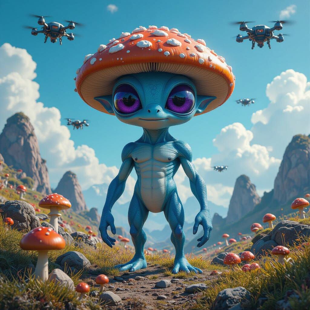 Surreal Blue Alien on Mushroom Field in 4K