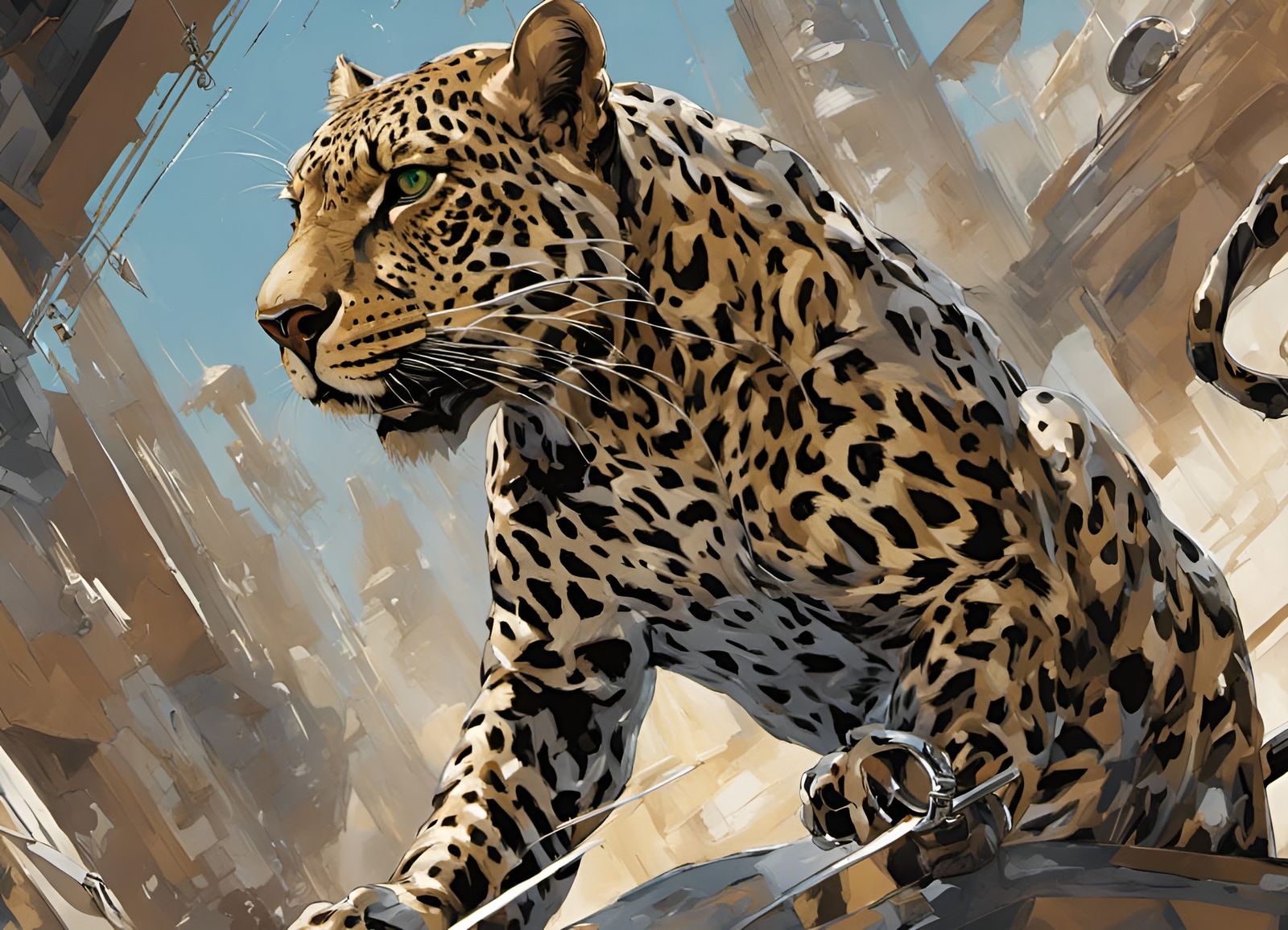 Onyx and Chrome Leopard Portrait in Art Deco Style