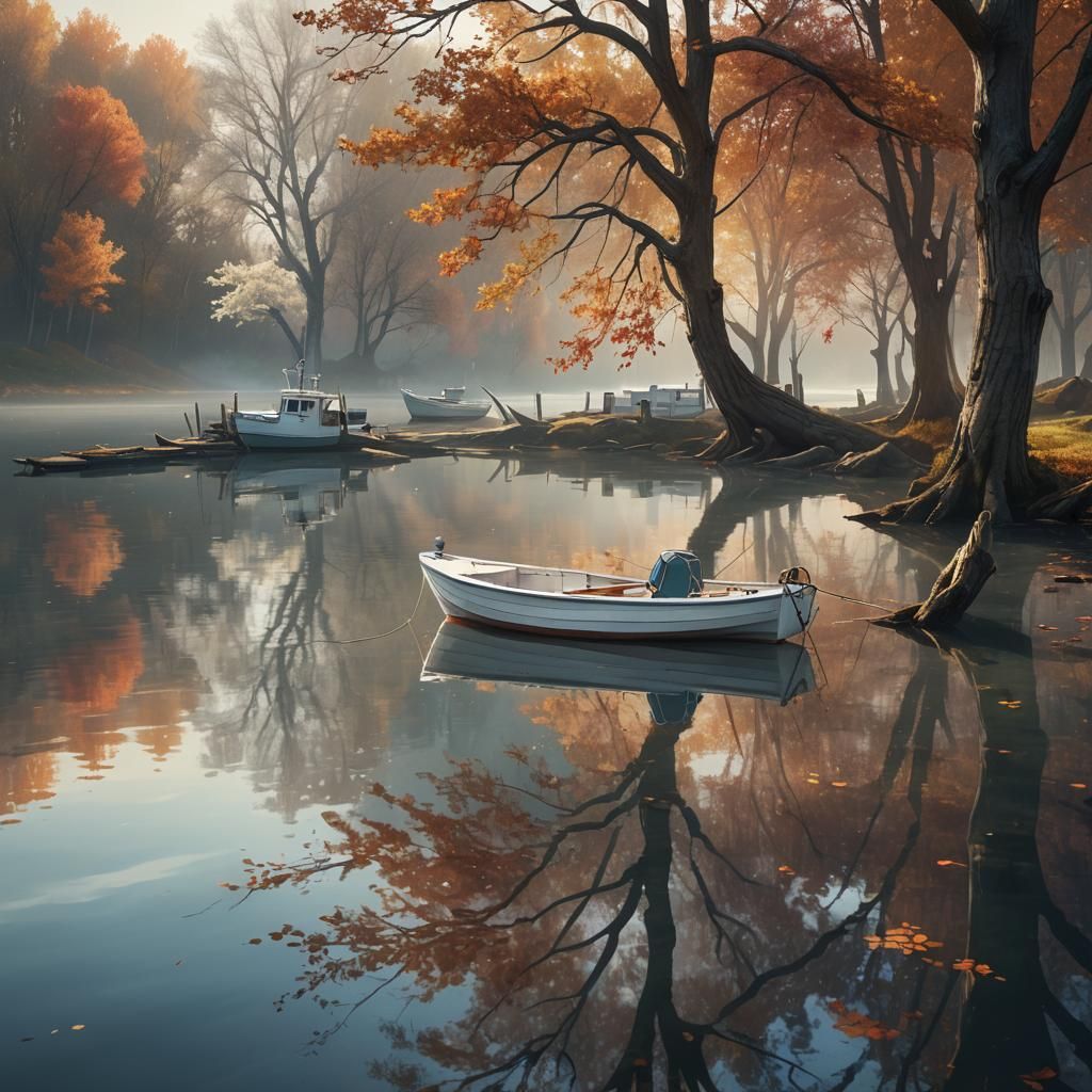 Lonely Boat in Quiet Autumn Harbor