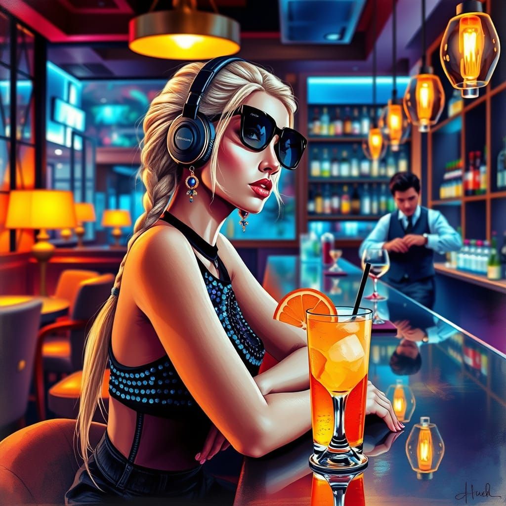 Elegant Bar Scene in Vibrant, Stylized Art