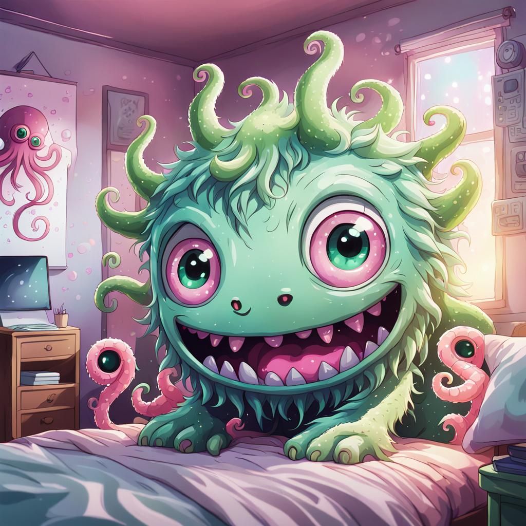 Anime Green Monster Draws on Wall in Pastel Colors