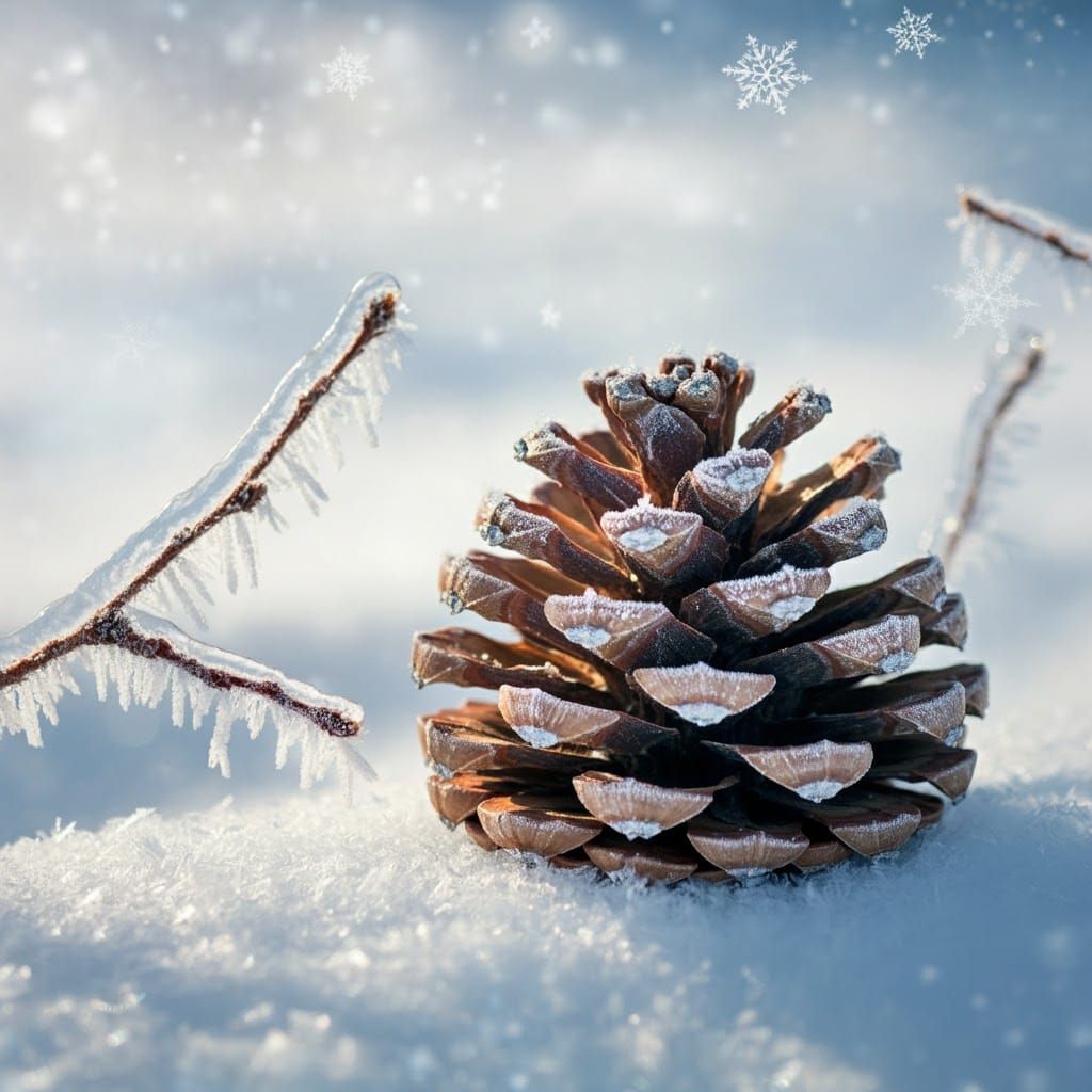 Ethereal Frost-Encrusted Pinecone in Winter Wonderland Scene