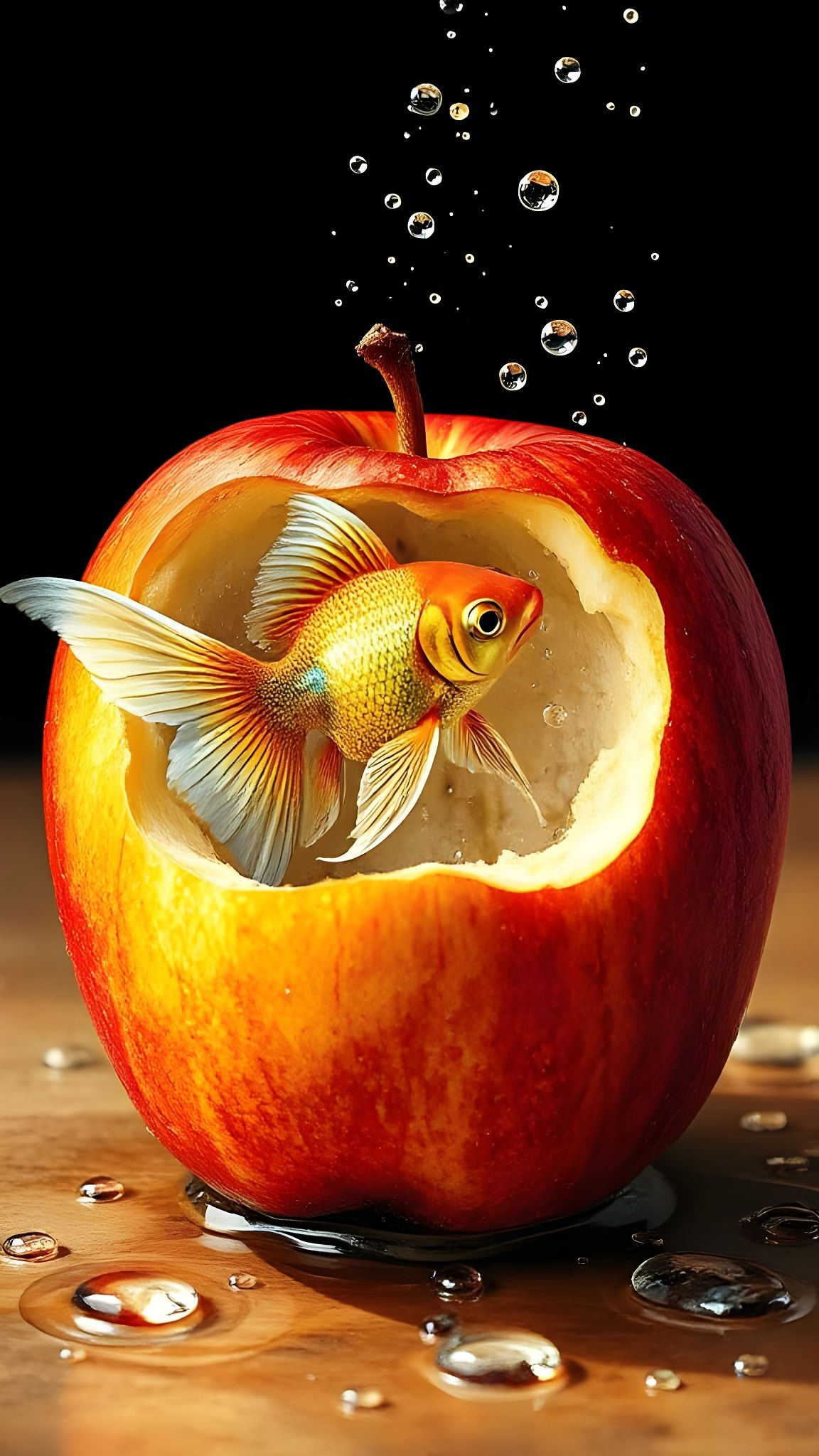 A Goldfish Emerges from a Bitten Apple in Whimsical Surreali...