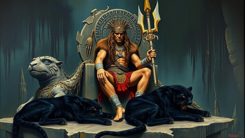 Conan the Barbarian on Stone Throne in Surrealist Style
