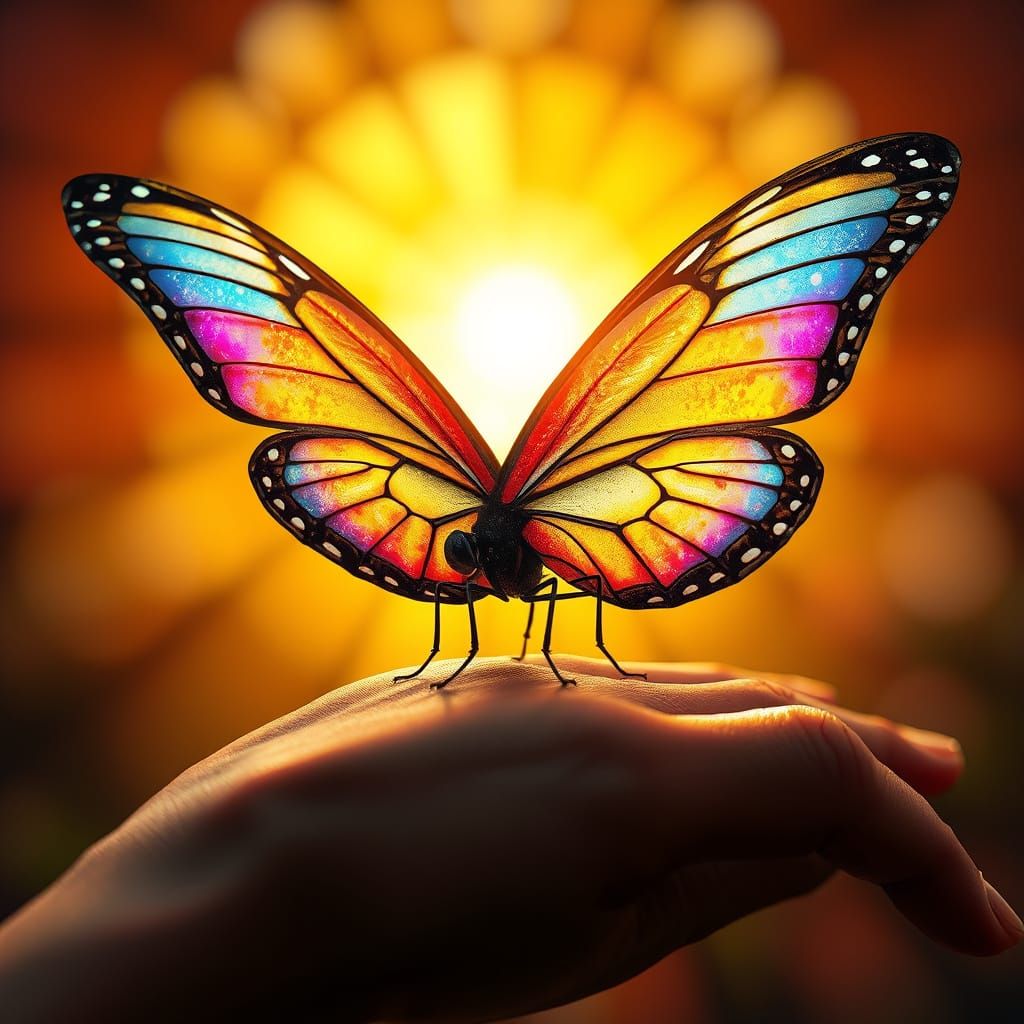 Majestic Butterfly on Human Hand in Vibrant Stained Glass St...