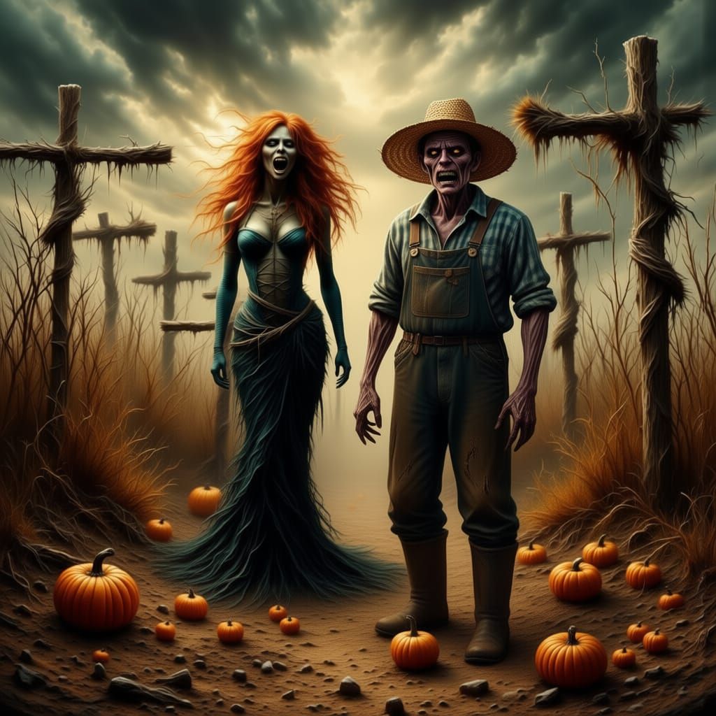 Evil Farmer With Woman In Field