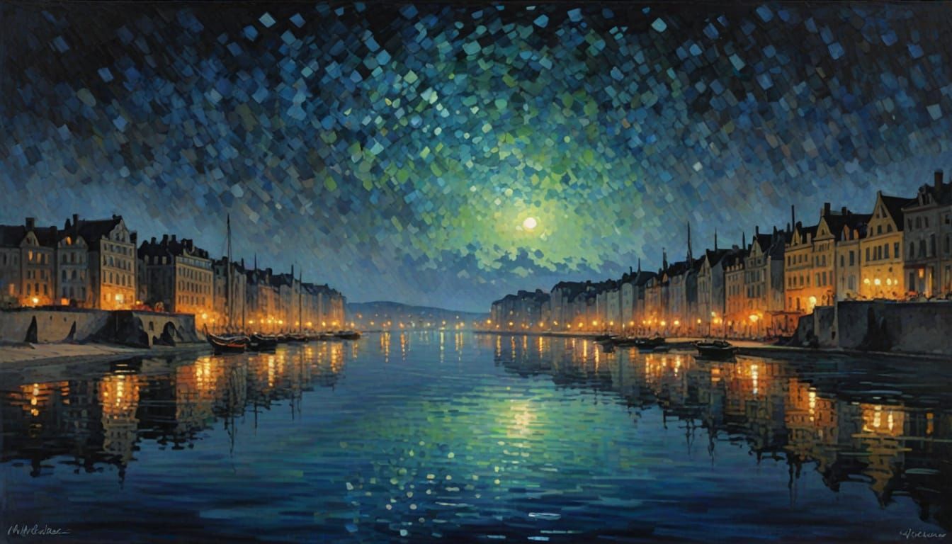 5 Word prompt, 100% PW - Nightscape Reflection Dreamlike Oceanscape Monet