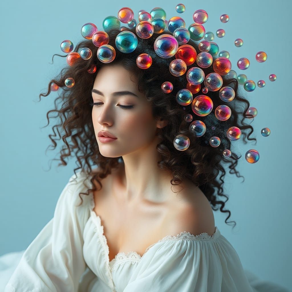 Surreal Woman Dissolving Into Iridescent Spheres