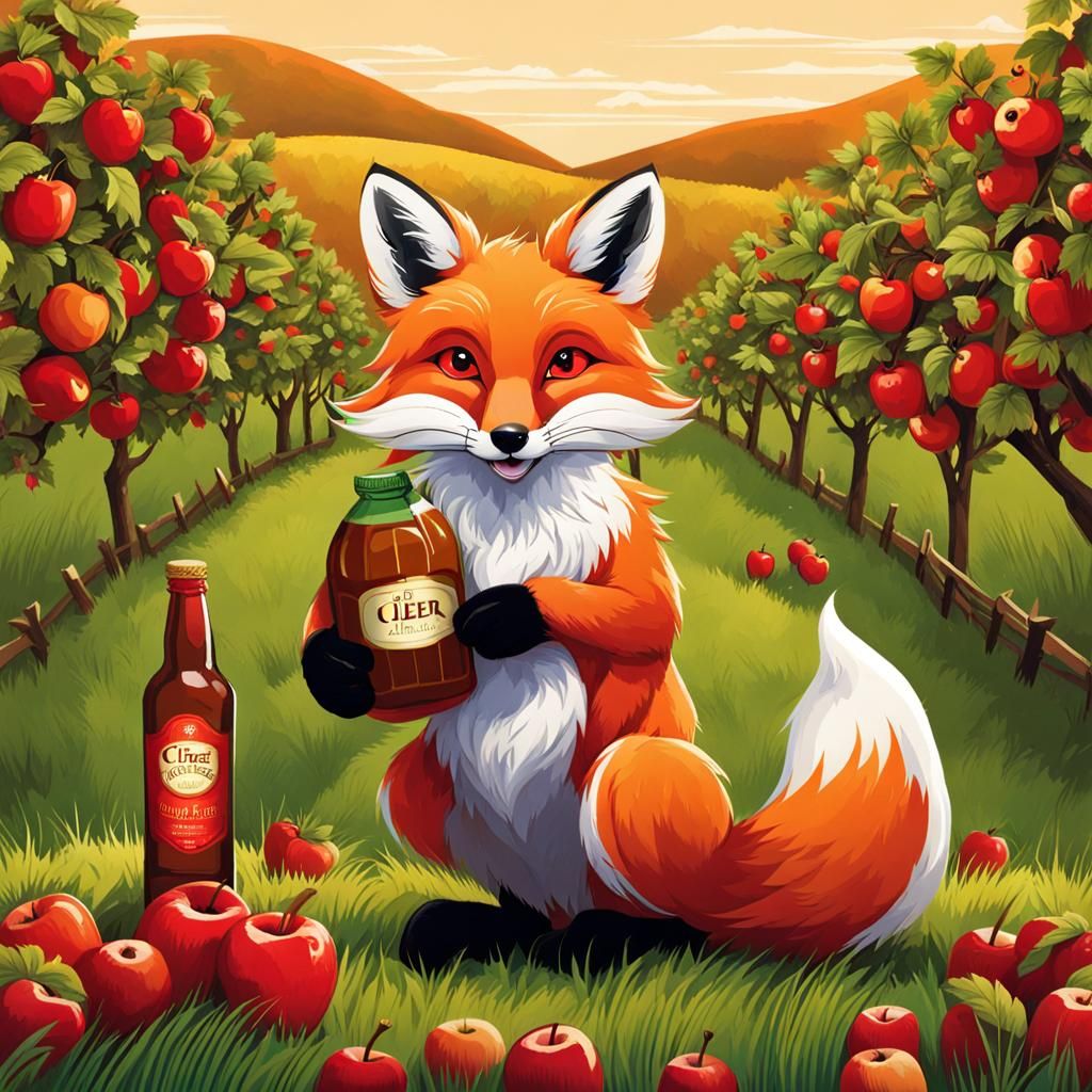 Fox with Cider in Apple Orchard