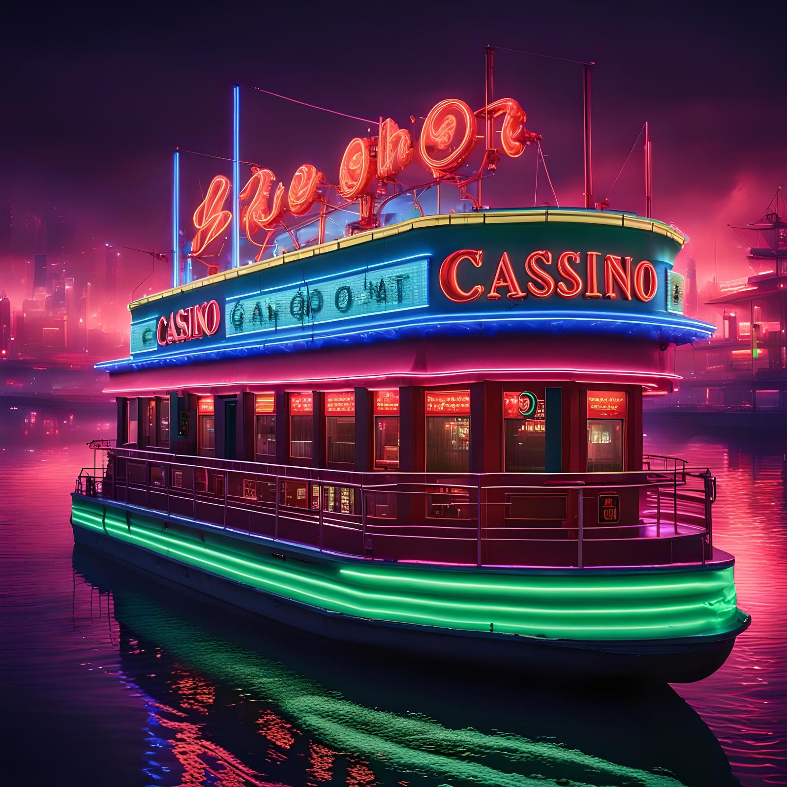 Fluorescent Casino Sign: Hyperrealistic Riverboat Scene