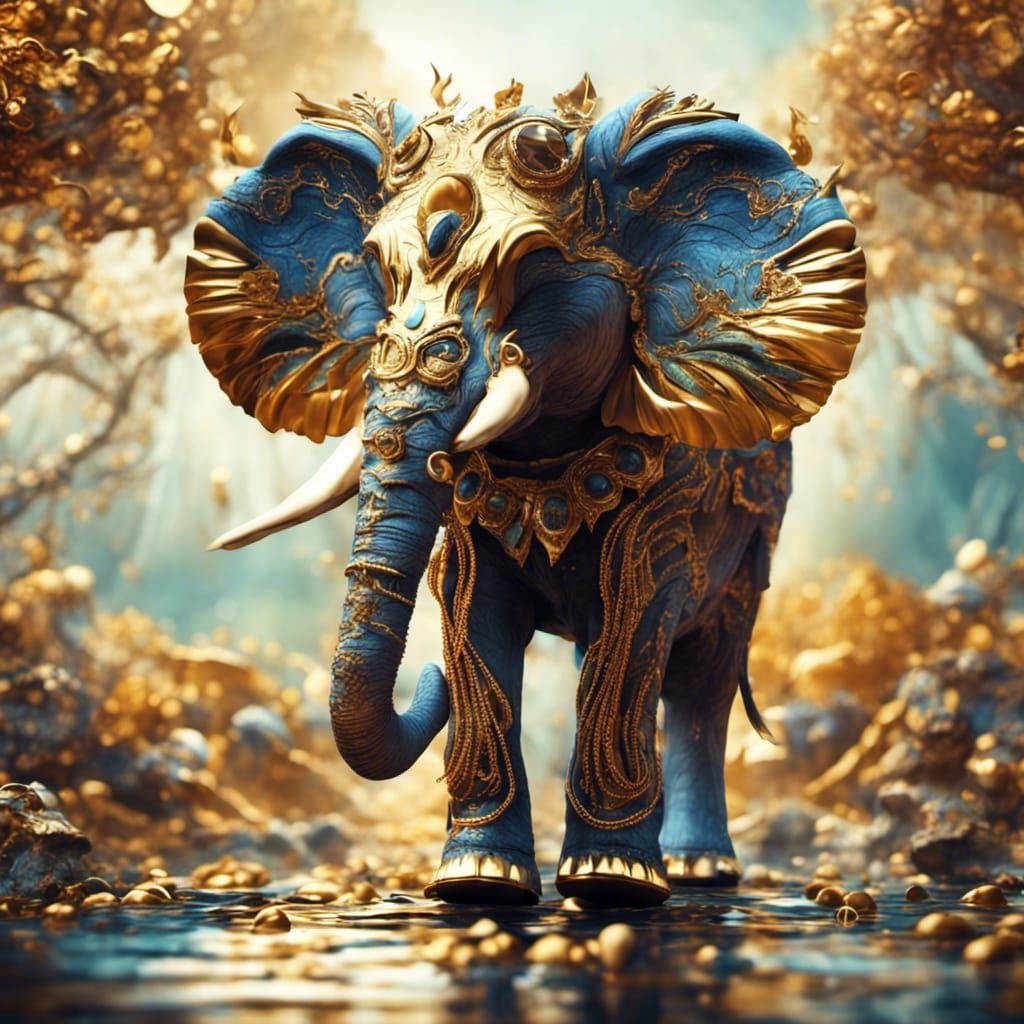 Golden Jeweled Elephant in Abstract Forest, 3D Render