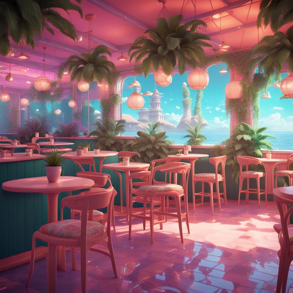Vaporwave Beach Café with Seagulls and Plants