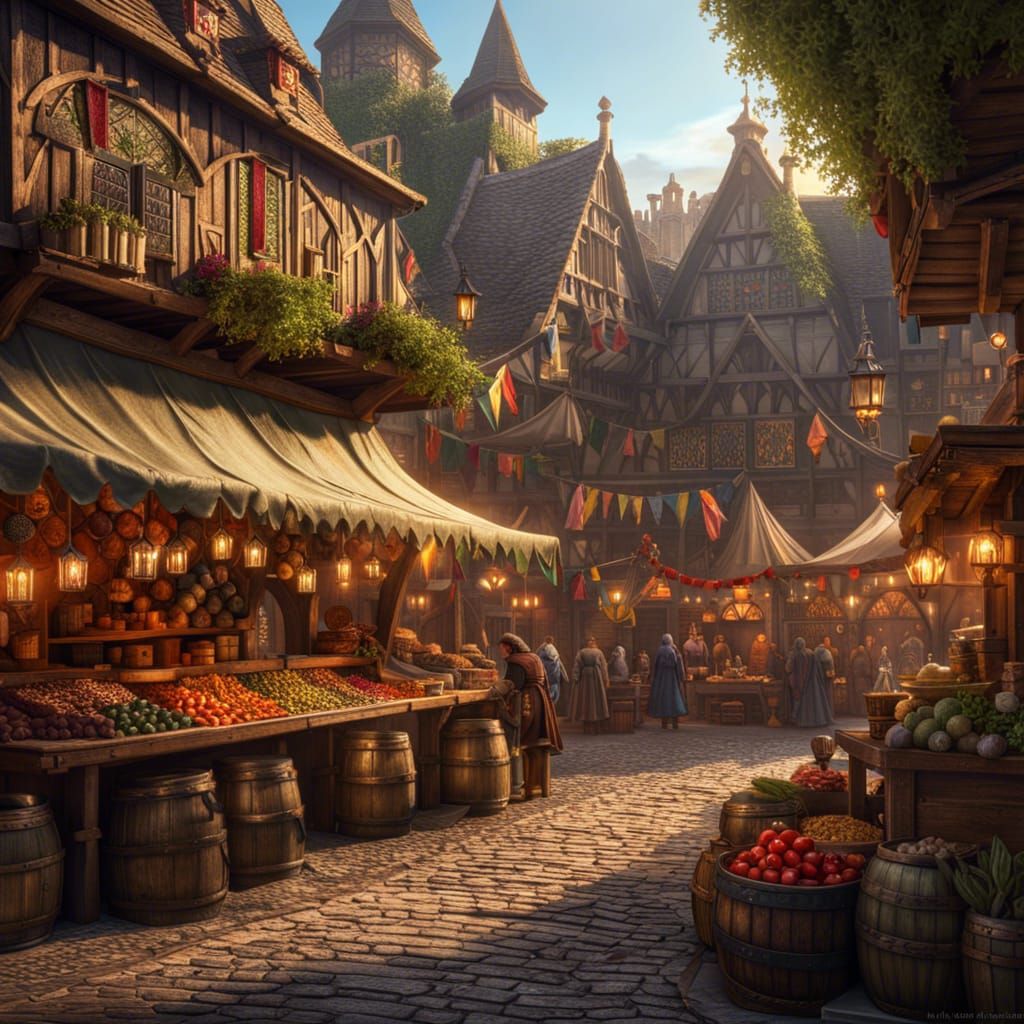 Vibrant Fantasy Medieval Market in 8K Resolution