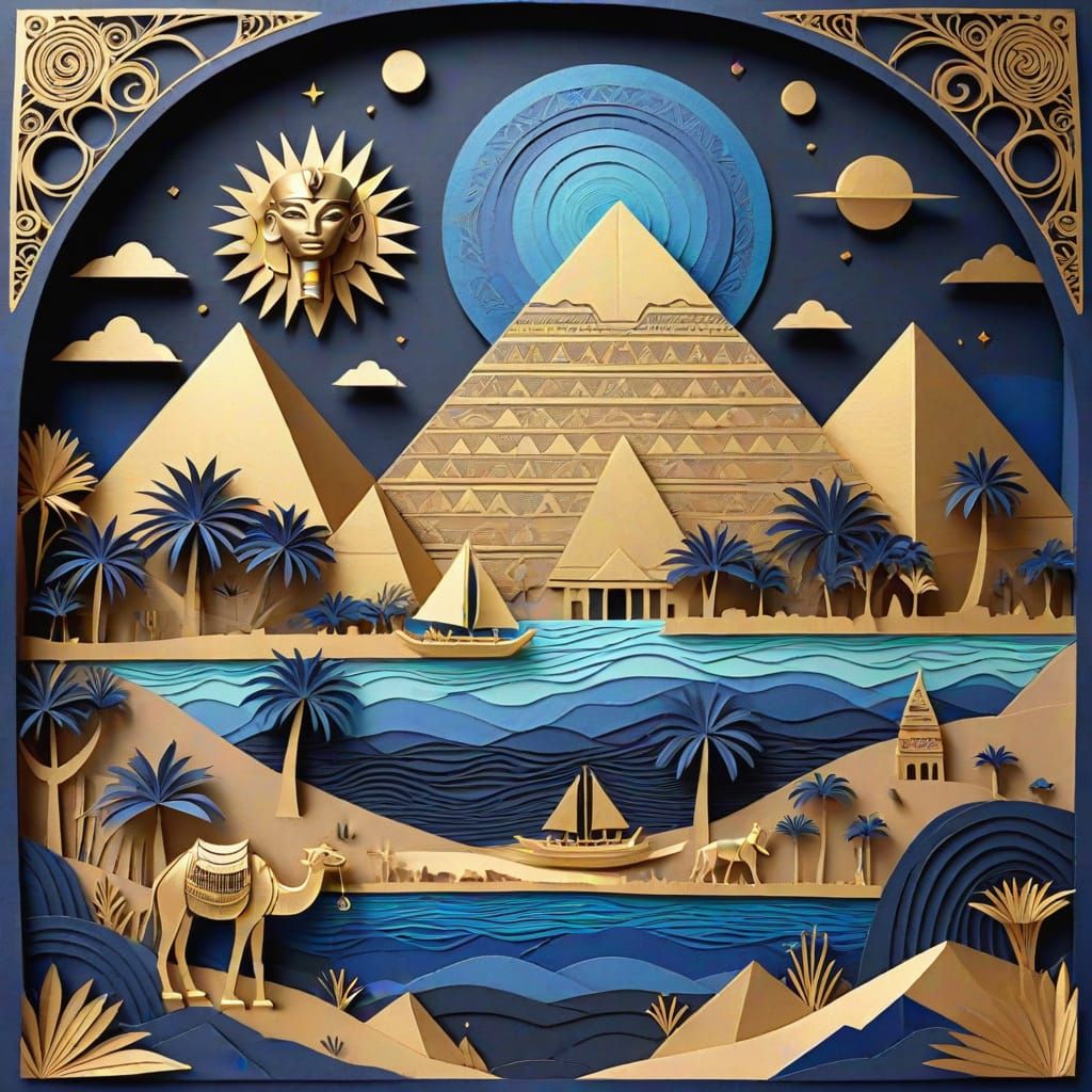 Intricate Ancient Egyptian Landscape in Papercraft Style