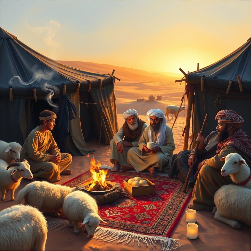 Bedouin Family in Serene Desert Landscape, Traditional Black...