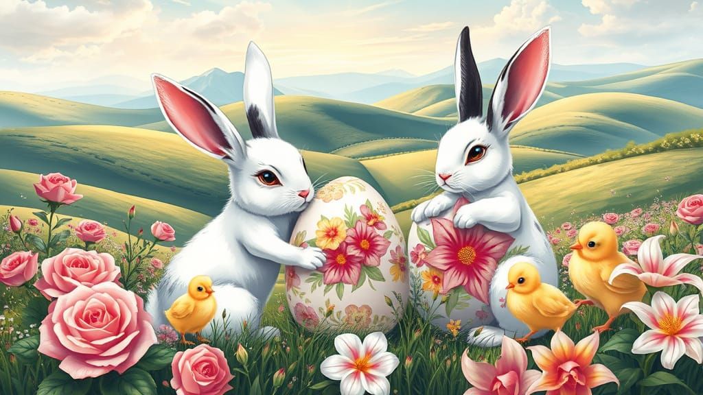Rabbits and Chicks Painting Easter Eggs in Manga Style