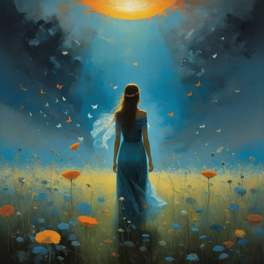 Mysterious Figure in Blue Aura Amidst Whispers of Dandelions...