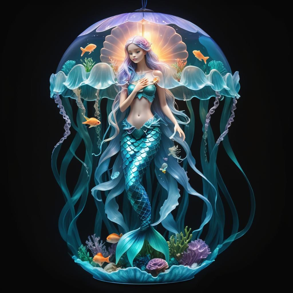 Magical Mermaid with Jellyfish Lamp in the Ocean