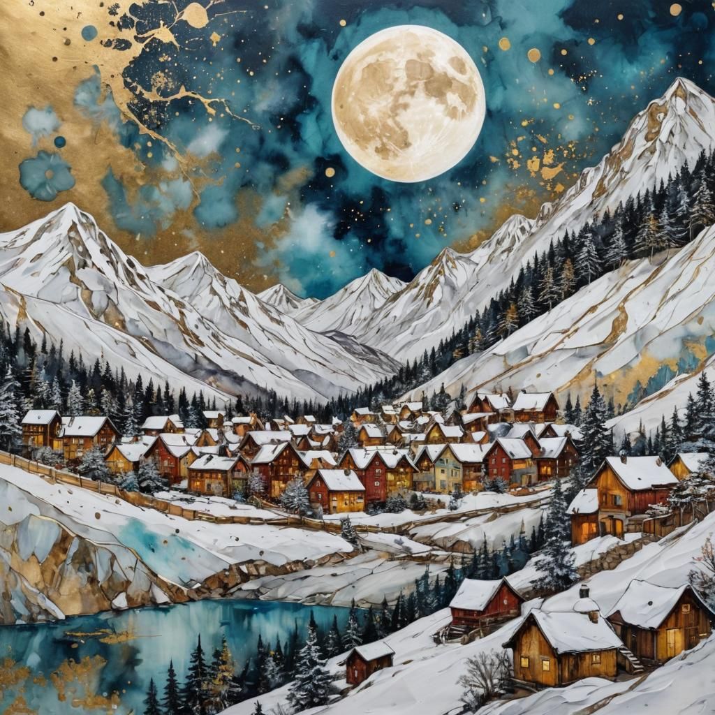 Snowy Village with Moon in Alcohol-Ink Marbling Style