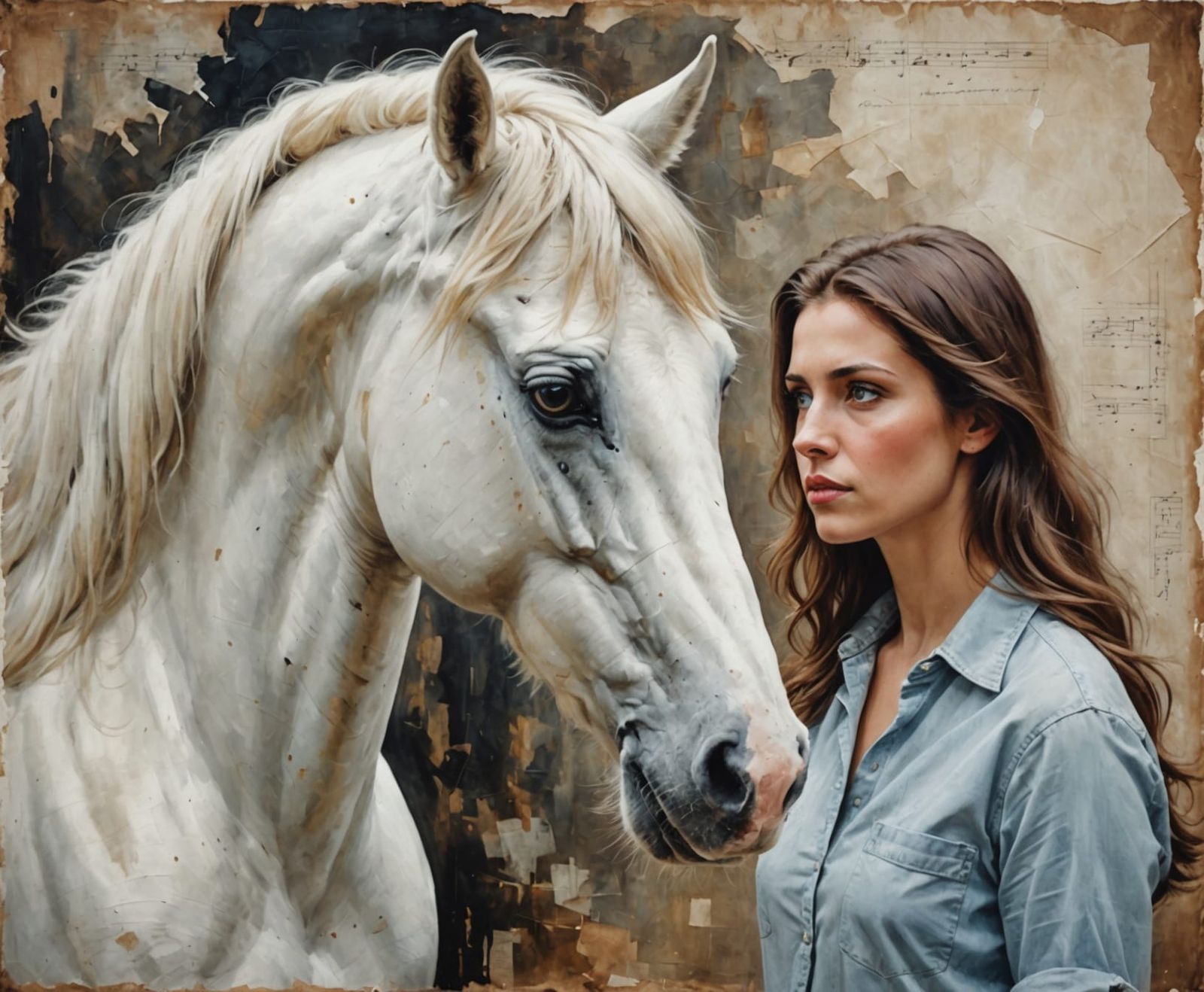 Woman Contemplates a Majestic Wild White Stallion in a Vinta...