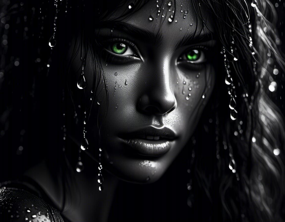 Monochrome Portrait of Woman in Pouring Rain