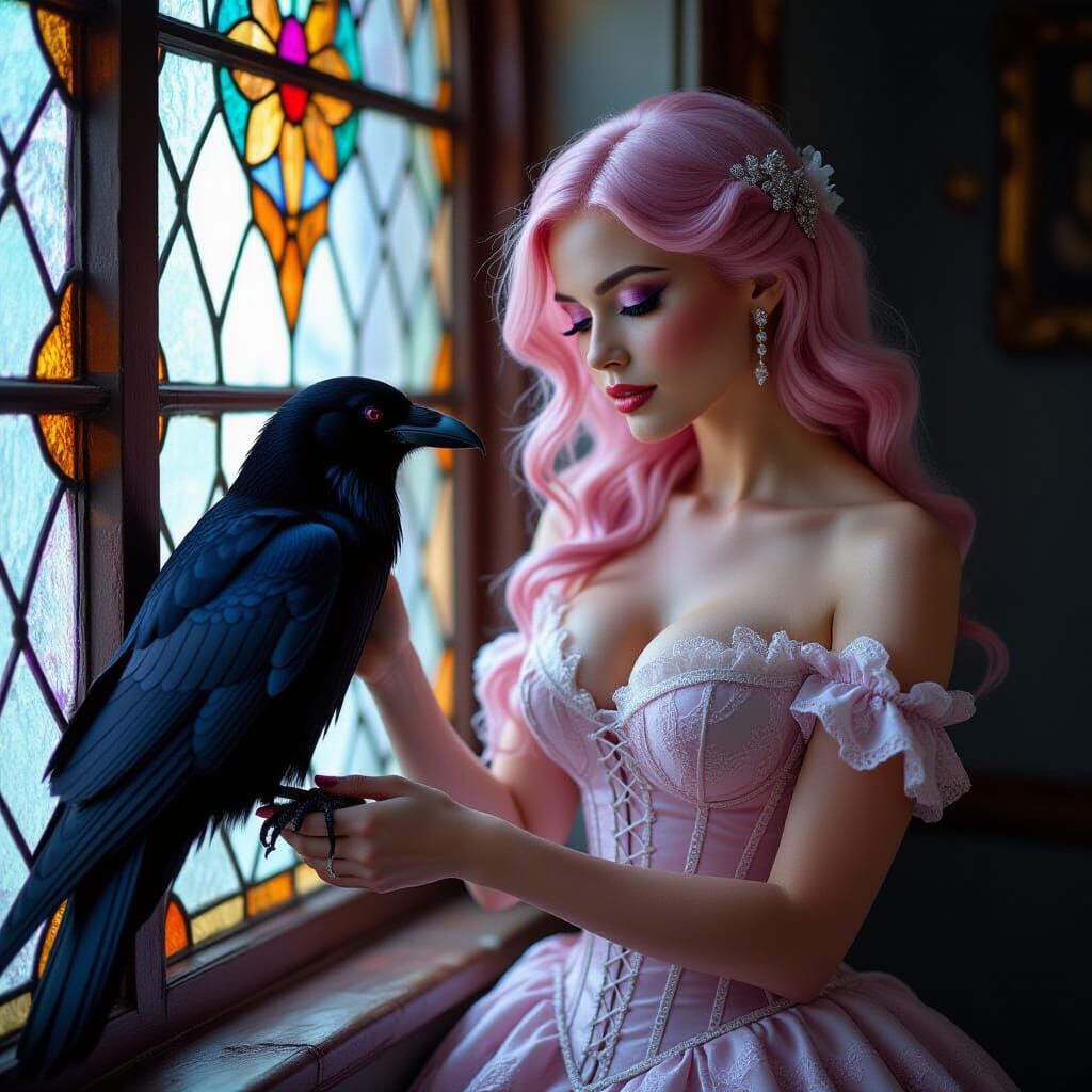 Elegant Woman with Raven in Cinematic Film Still