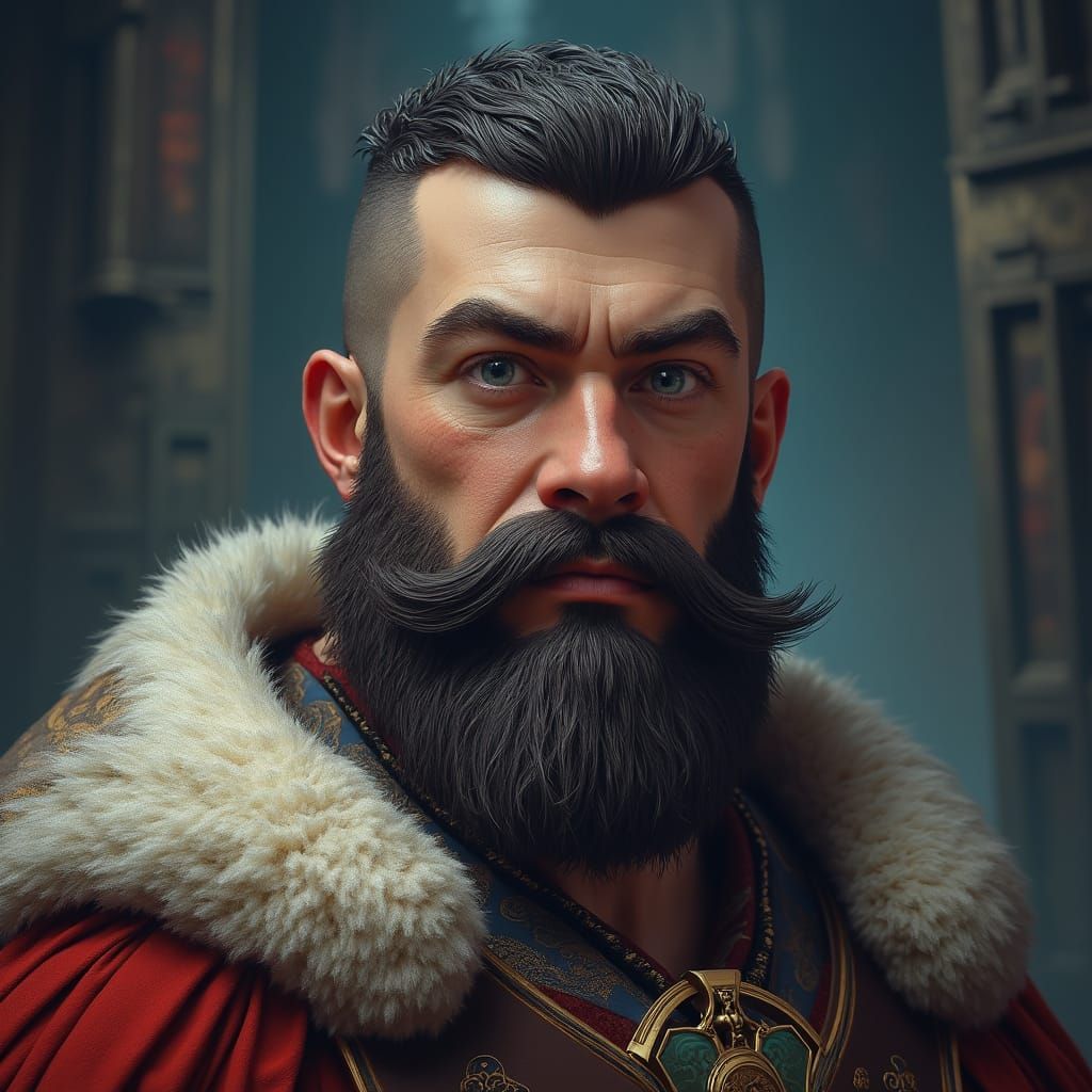 Regal Figure with Piercing Eyes in Mystical Setting