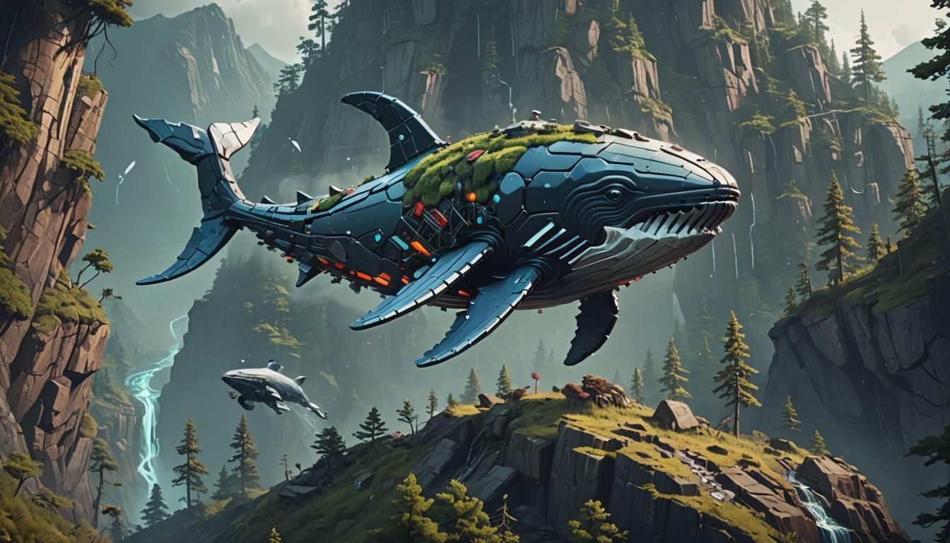 Futuristic Whale Runs Mountain: Pixel Art Surrealism