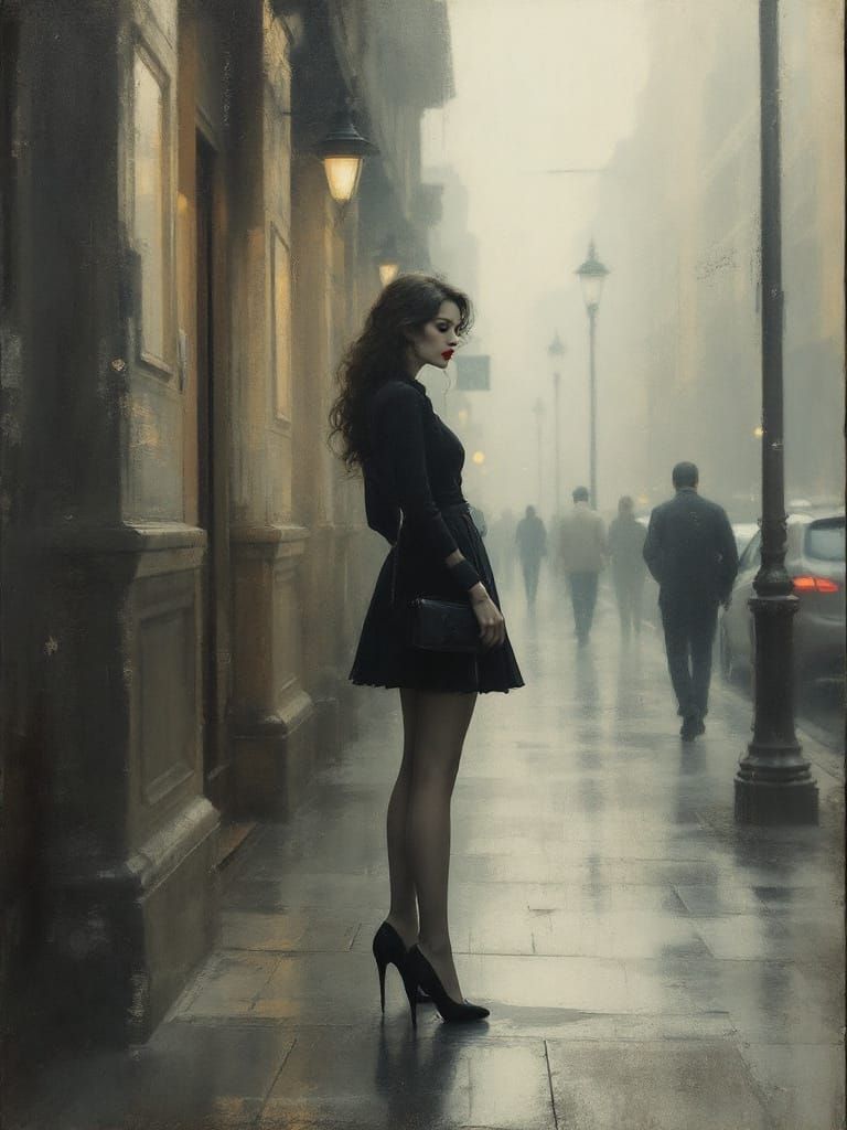 Atmospheric Pin-Up Woman in Moody City Scene