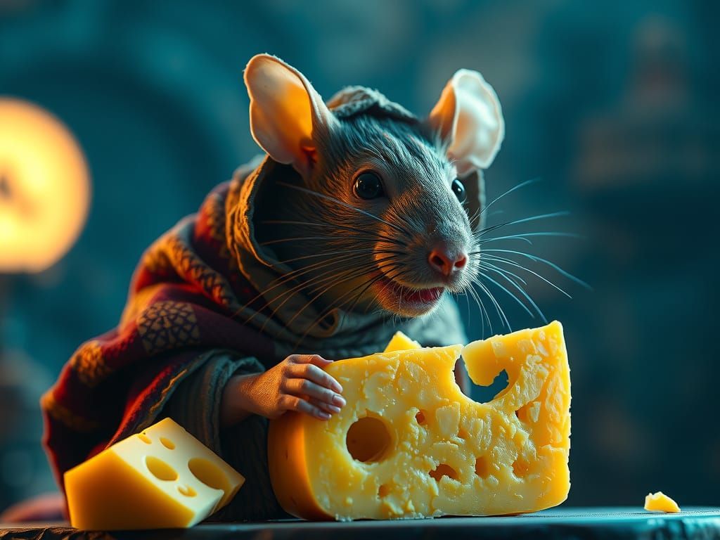 Cheddar Cheese Rat Devouring Swiss Cheese