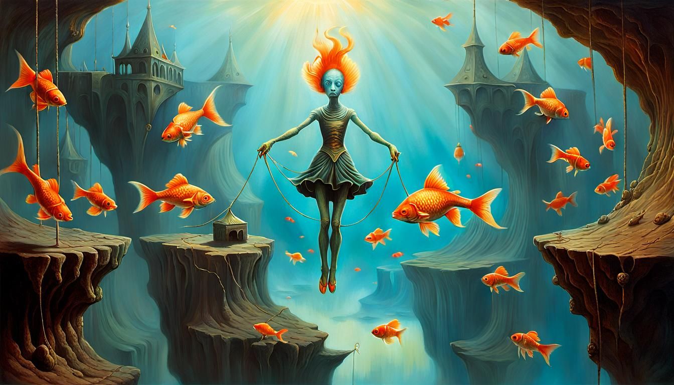 Surreal Alien Tightrope Walker in Dreamy Landscape