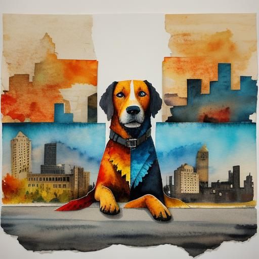 torn paper collage art, watercolours - fall with a stray dog...
