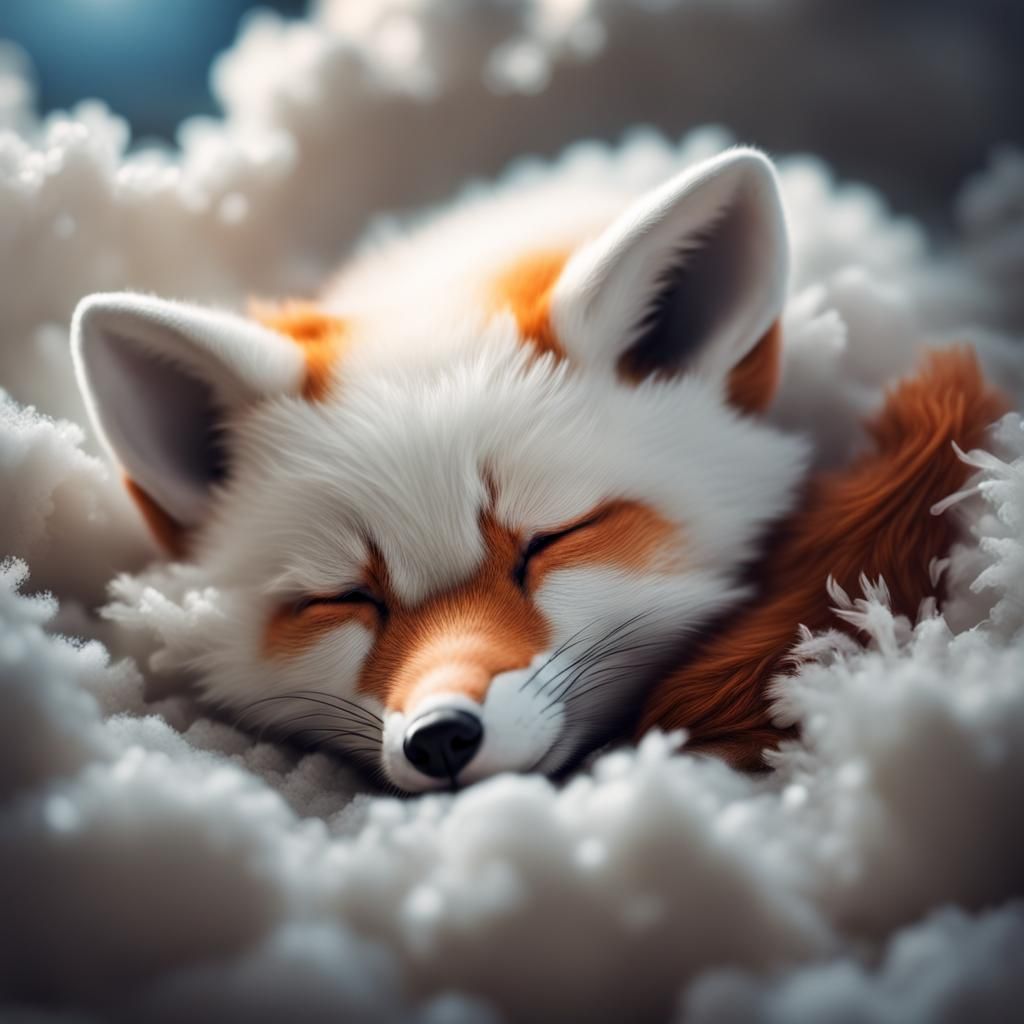 Cute Sleeping Cloud Fox: Hyperrealistic Digital Art