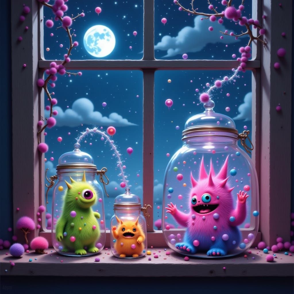 Playful Monsters in Jars, Whimsical 3D CGI Render