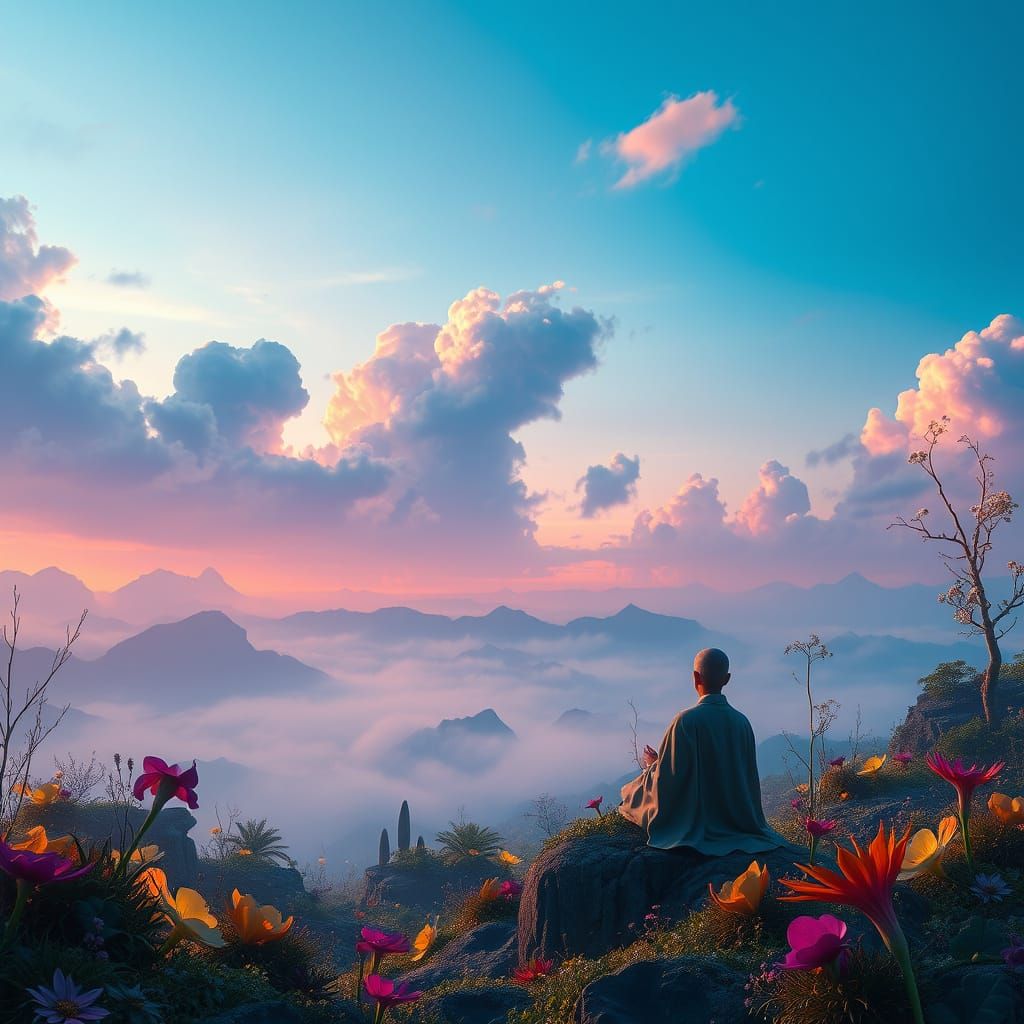 Ethereal Landscape with Meditating Figure in Vibrant, Glowin...