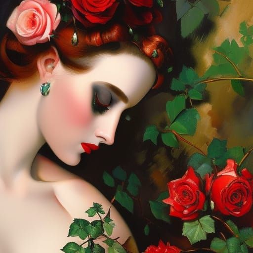 Gothic Lady with Roses: Watercolor Masterpiece