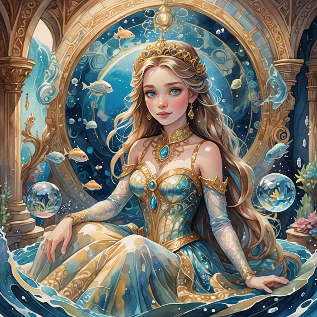 Underwater Princess in Iridescent Orb, Watercolor Art