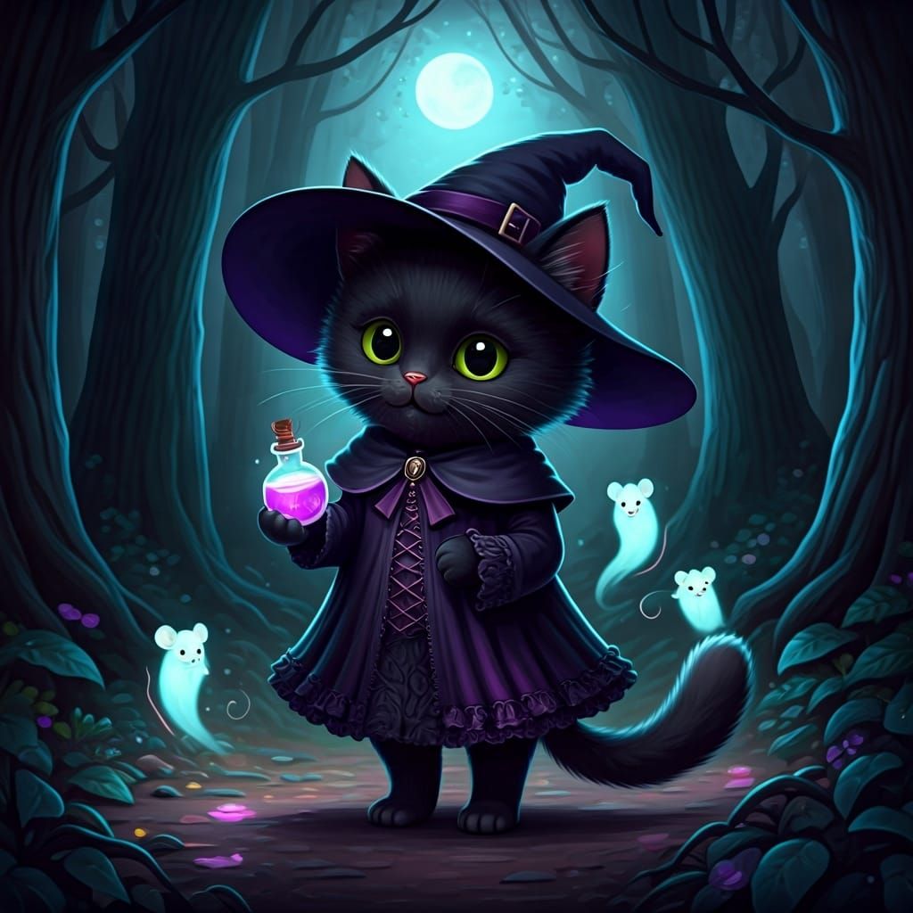 Whimsical Kitten Witch in Mystical Forest