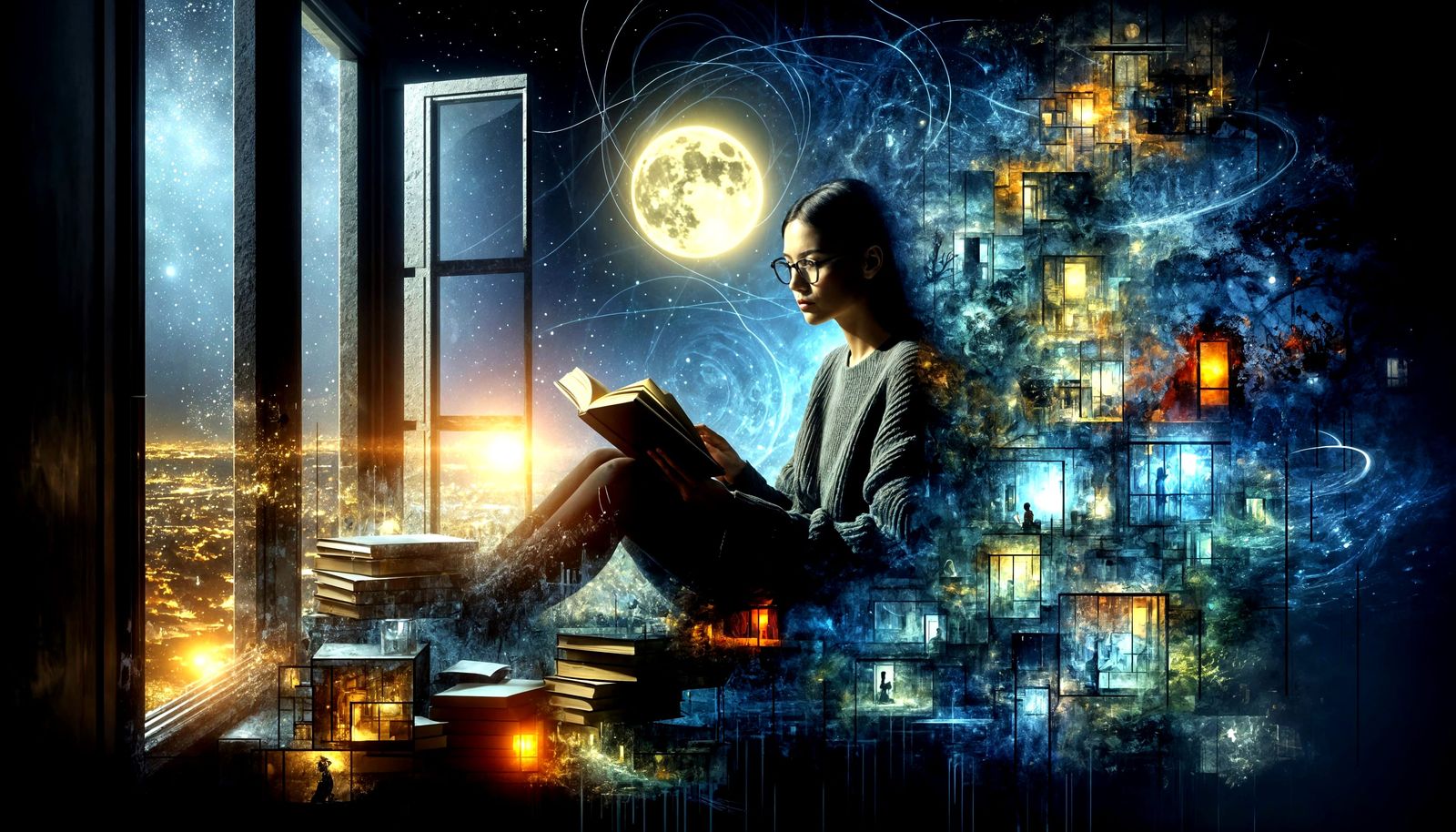 Eurasian Woman Reading Under Moonlit Sky