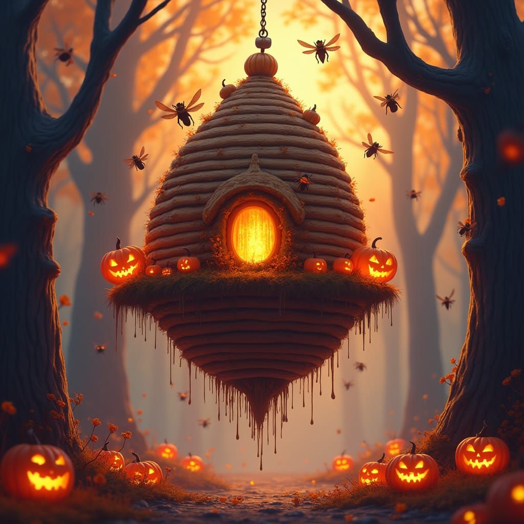 Halloween Beehive with Jack-o-Lanterns in Fantasy Art Style