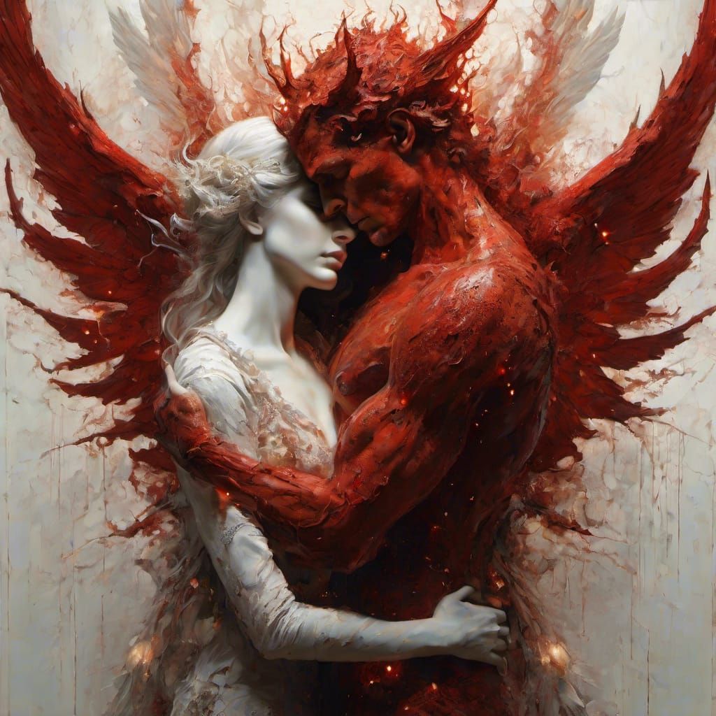 Red Demon and White Angel Embrace in Hell