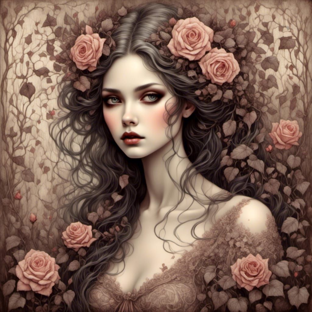 Beautiful Fairy in Roses and Ivy: Anime Art