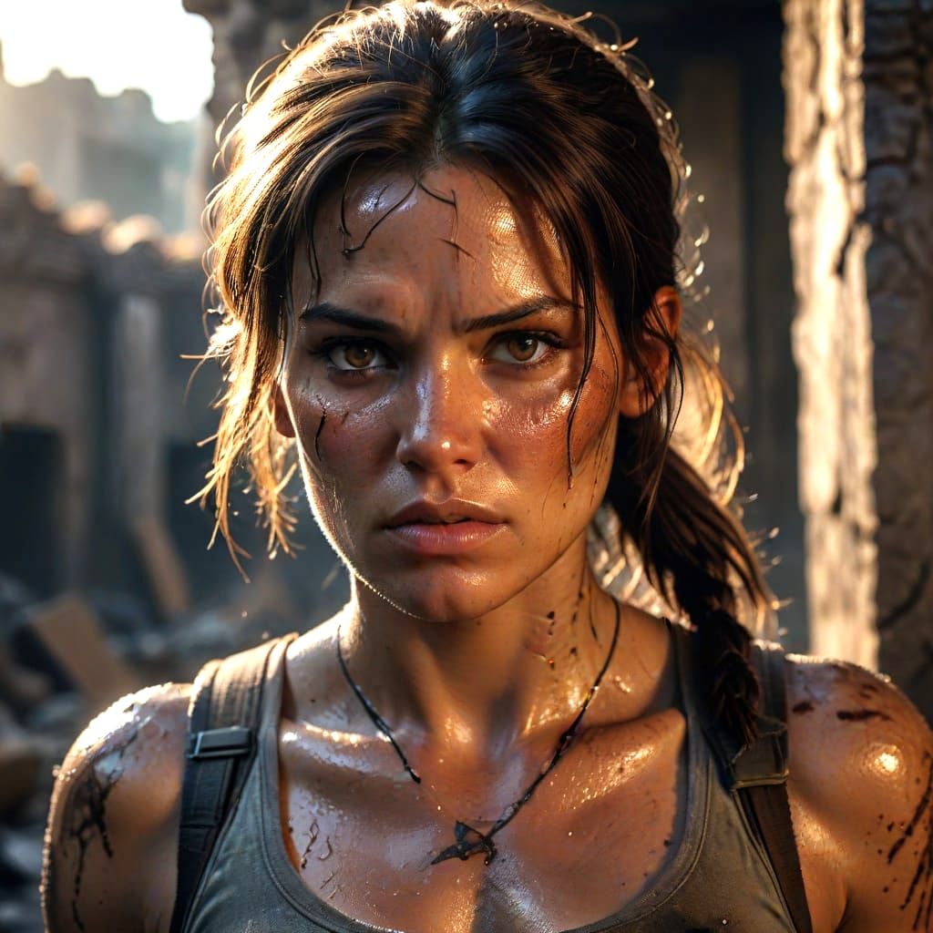 Realistic Portrait of Lara Croft in Ruined City