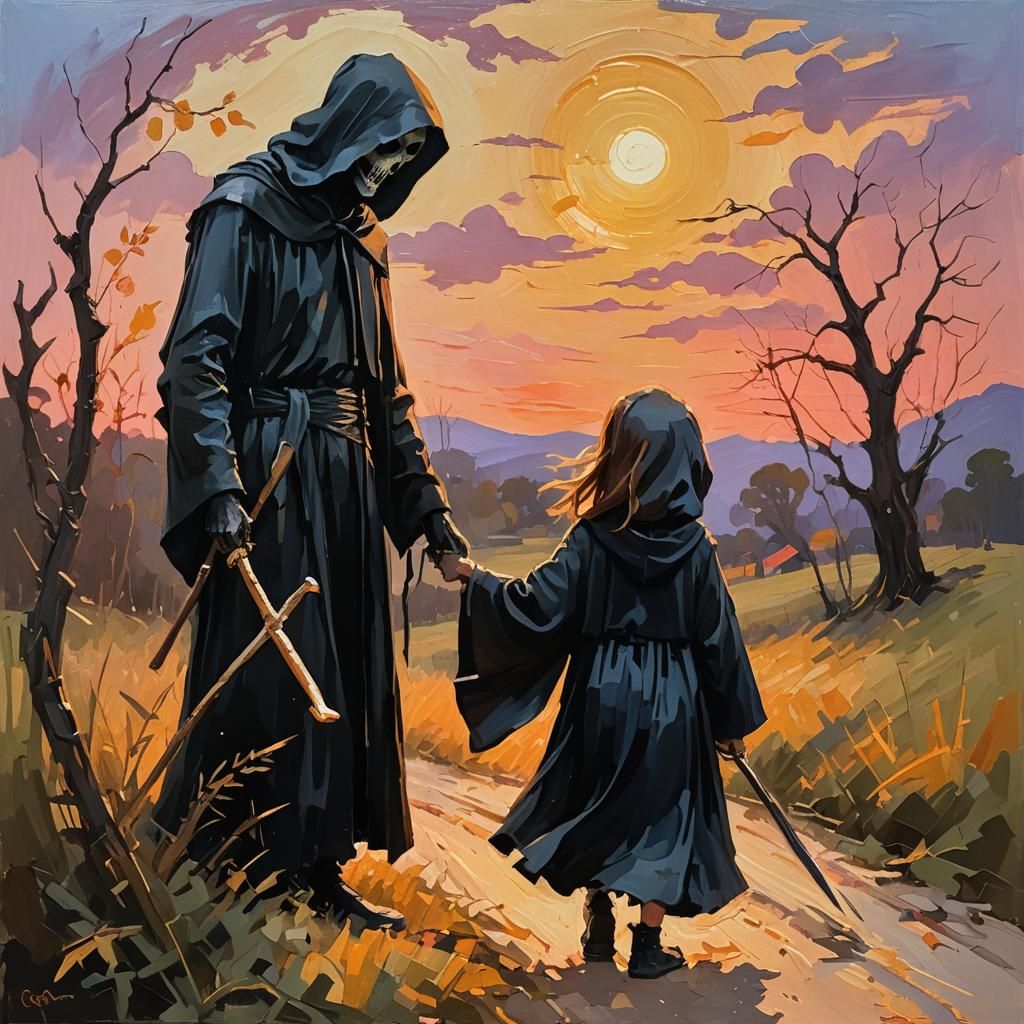 Grim Reaper Comforts Child: Impressionist Gouache Painting