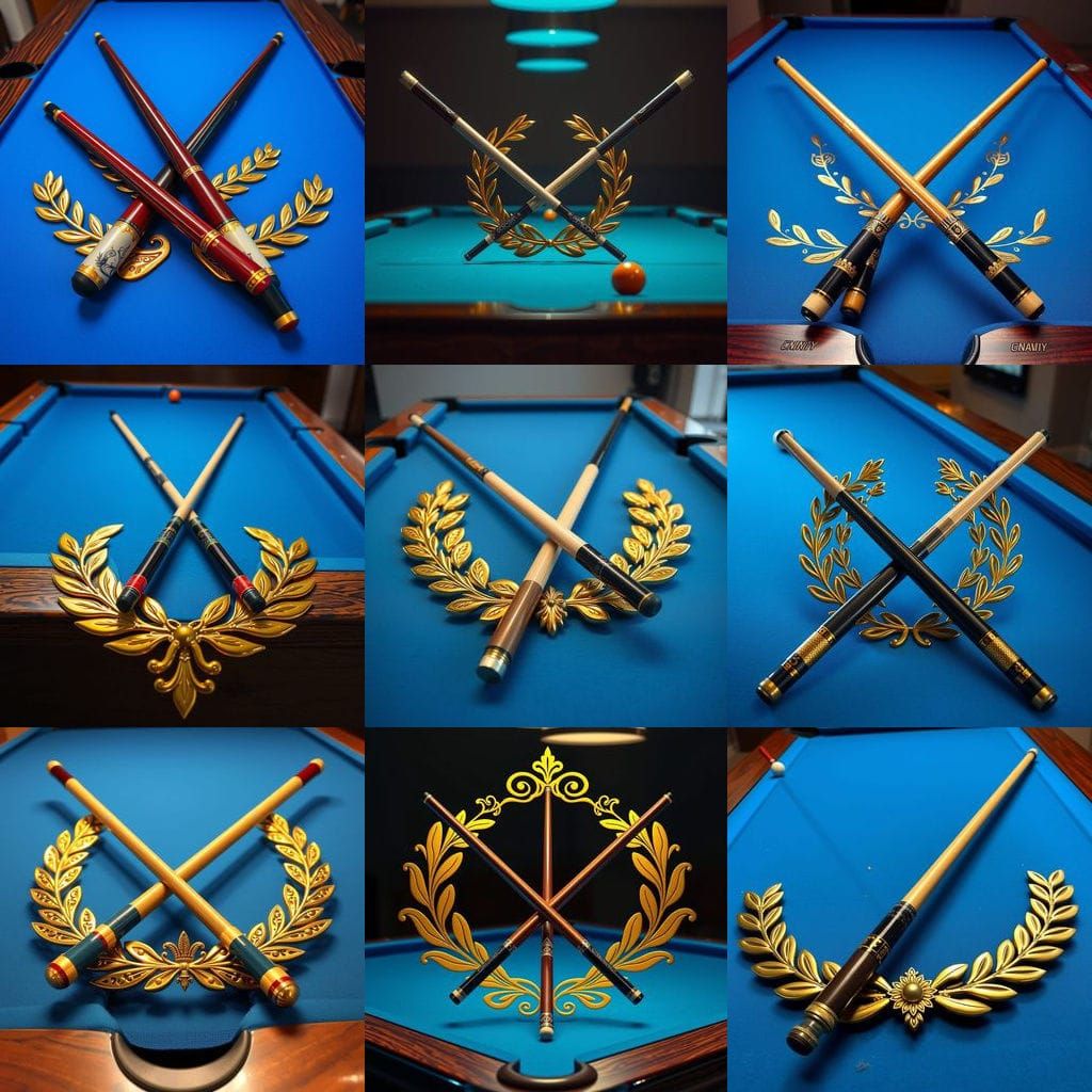 Pool Cues and Laurel Wreath on Blue Pool Table