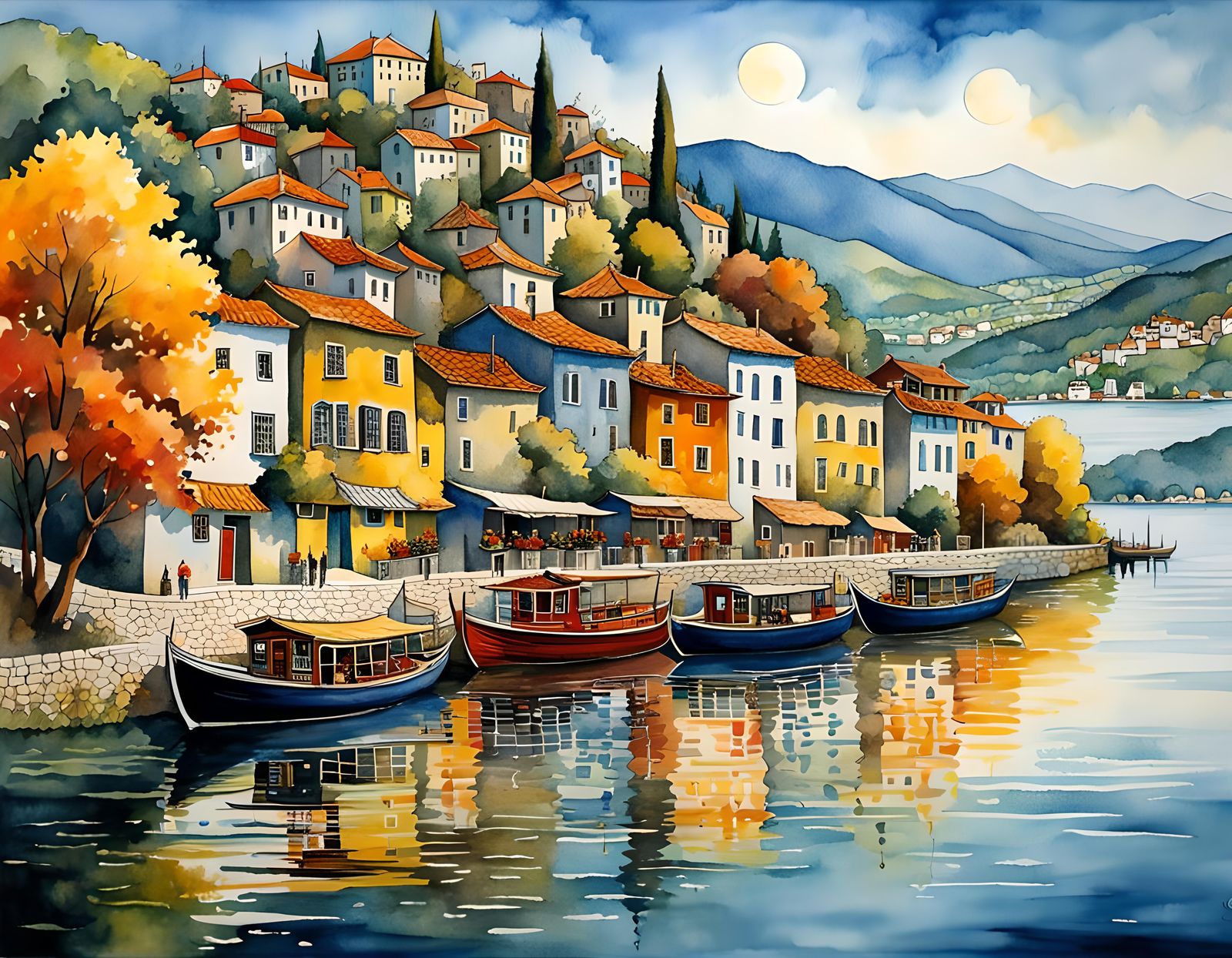 Lake Kastoria, Greece: Watercolor and Ink Fantasy