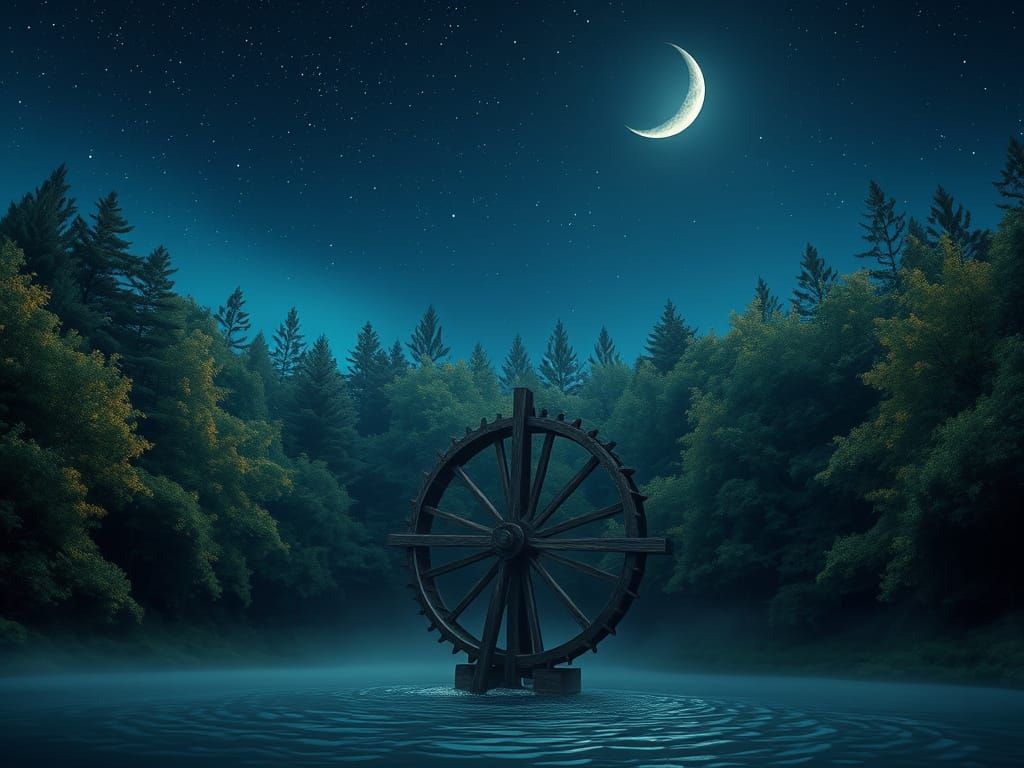 Mystical Waterwheel in Moonlit Forest