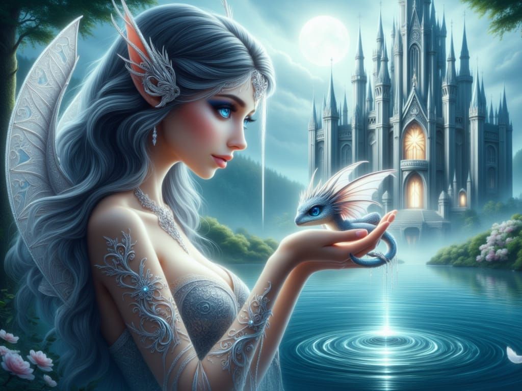 Ethereal Fantasy Scene with Female Elf and Small Dragon in M...